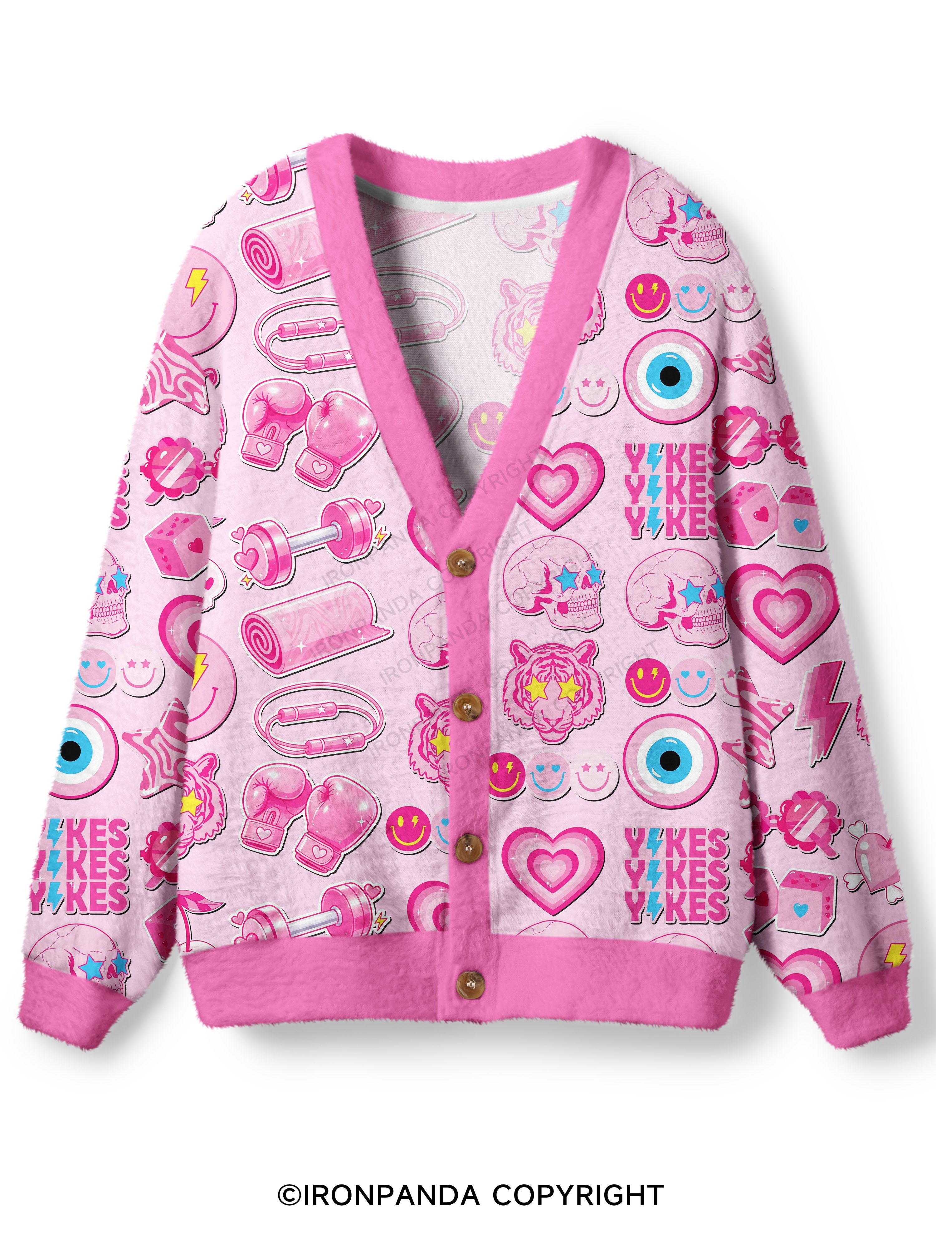 Pink Gym Sticker Bomb Ugly Cardigan Sweater