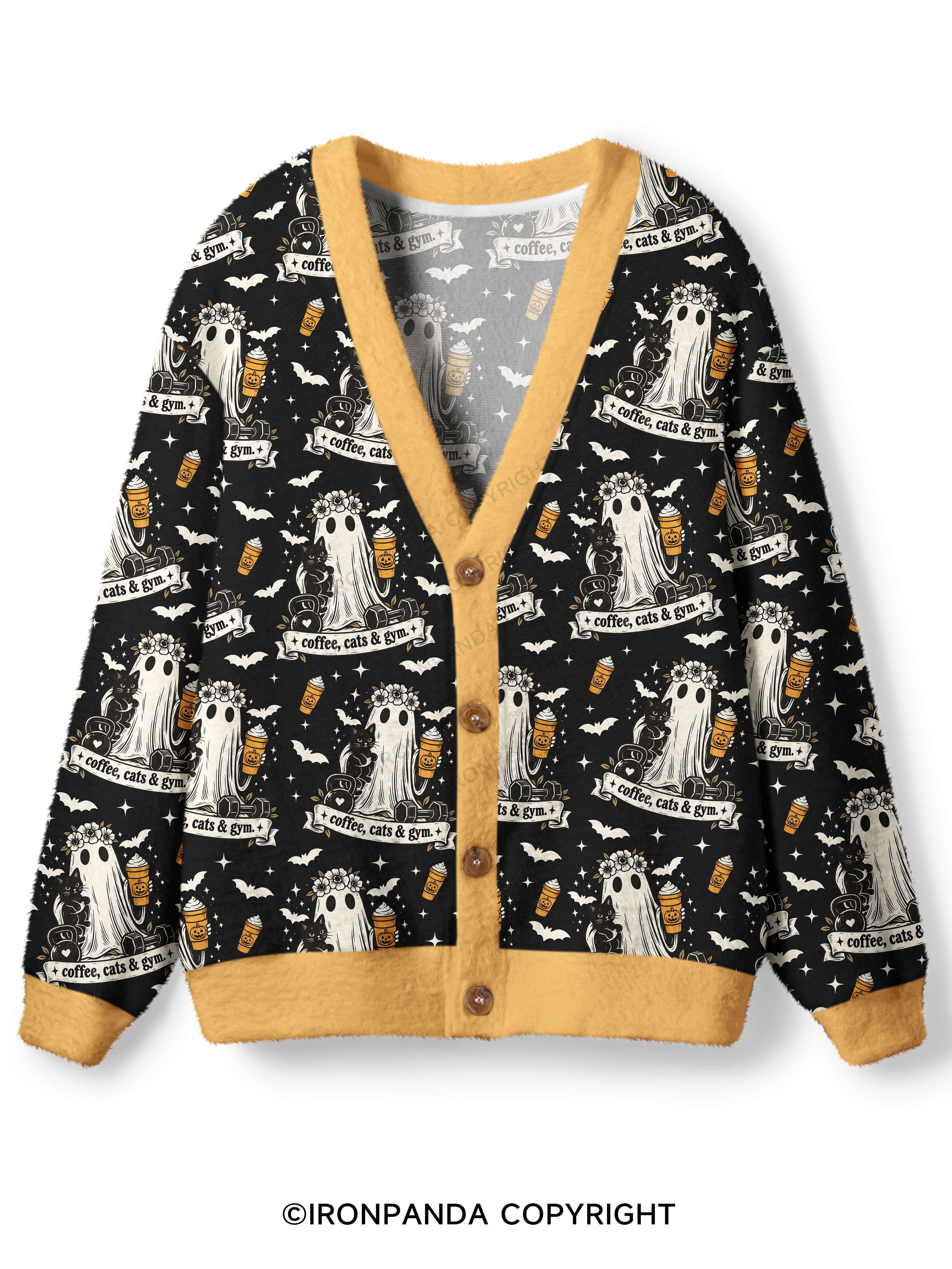 COFFEE, CATS & GYM HAPPY HALLOWEEN Ugly Cardigan Sweater