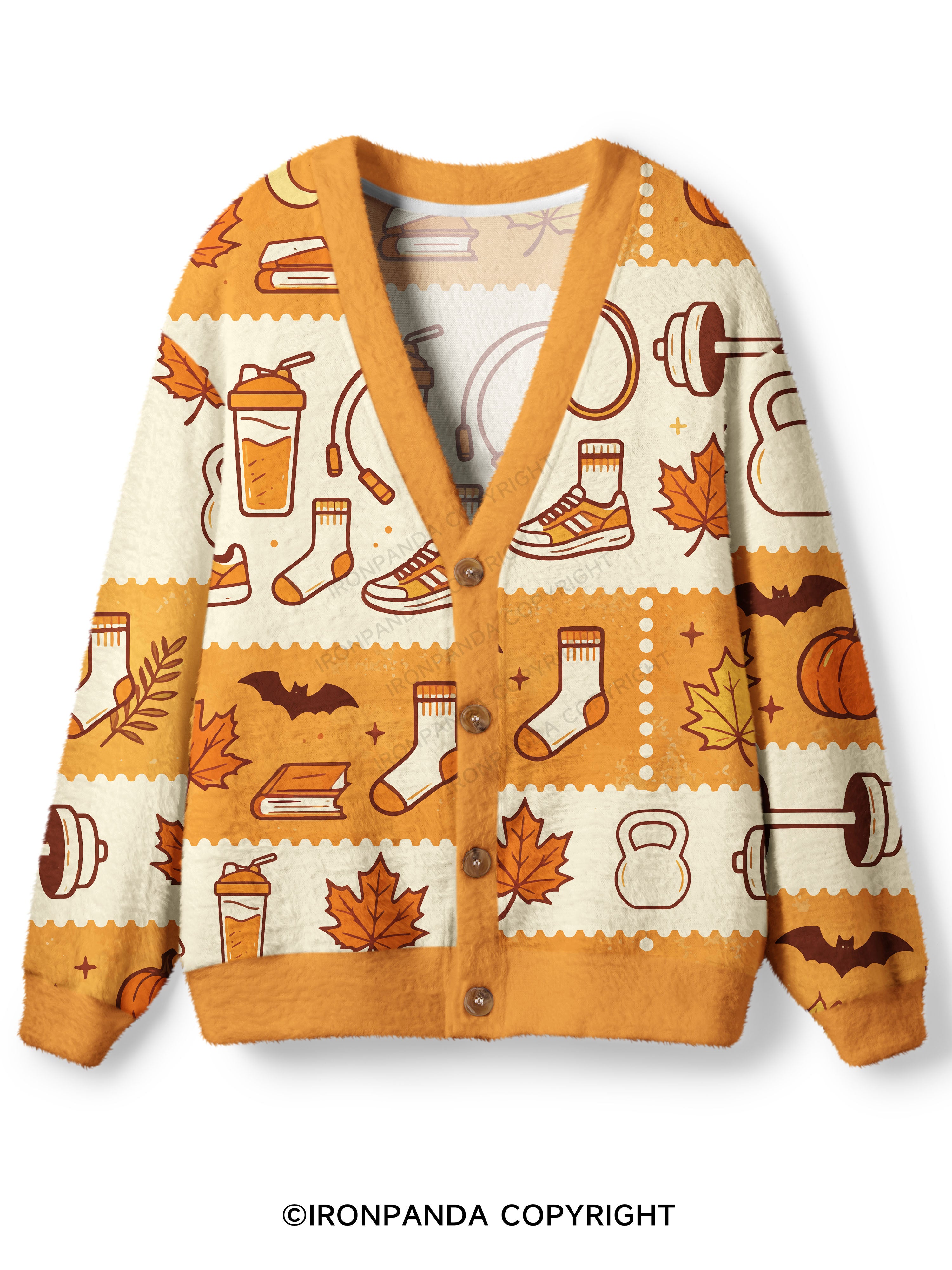 Fall Gym Ghost Pattern Print Ugly Cardigan Sweater