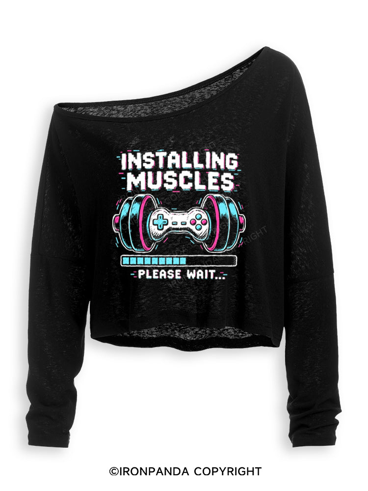 INSTALLING MUSCLES, PLEASE WAIT GAMER WHO LIFTS Off Shoulder Long Sleeve Crop Top