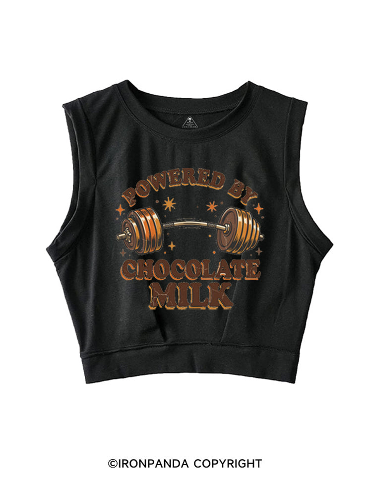 POWERED BY CHOCOLATE MILK FUNNY GYM SLEEVELESS CROP TOPS