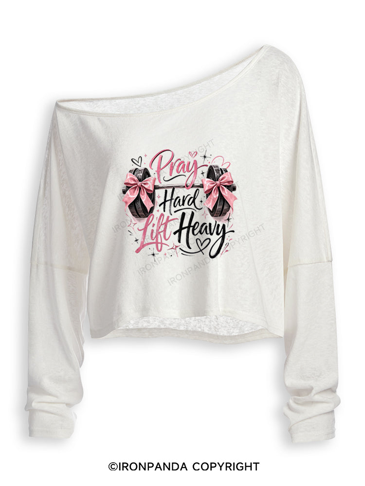 PRAY HARD LIFT HEAVY CHRISTIAN FITNESS Off Shoulder Long Sleeve Crop Top