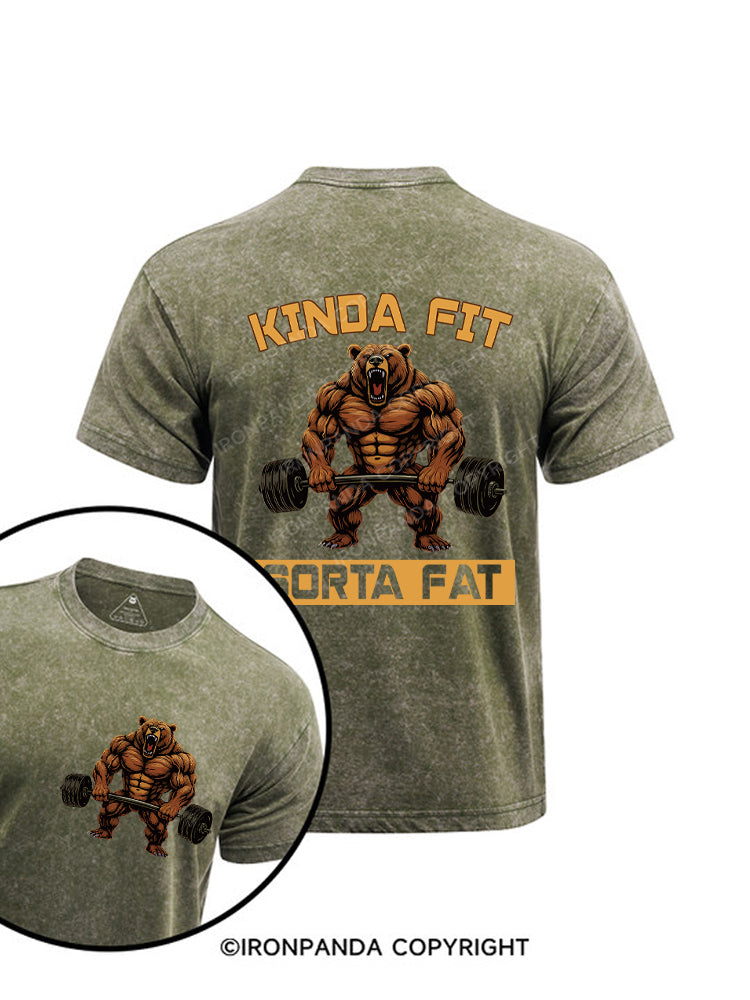 Kinda Fit Sorta Fat Funny Gym Bear Printed Washed Gym Shirt