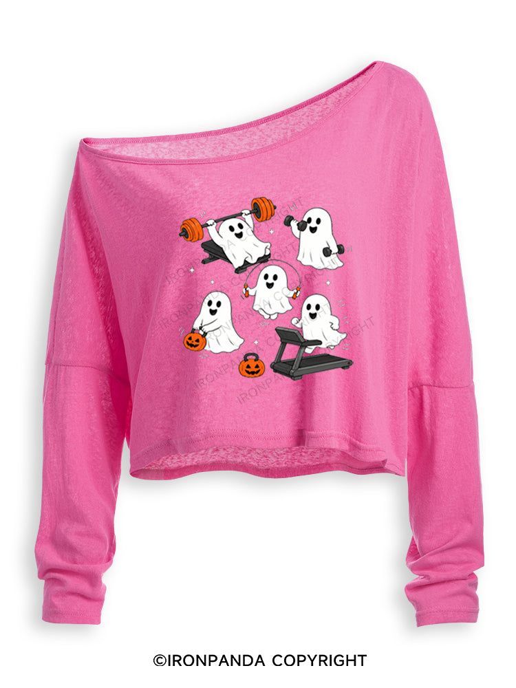 GHOST HALLOWEEN WORKOUT FITNESS Off Shoulder Long Sleeve Crop Top