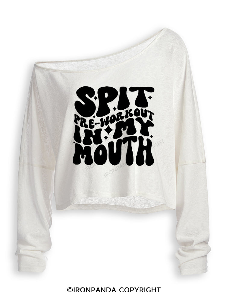 SPIT PRE-WORKOUT IN MY MOUTH FUNNY GYM Off Shoulder Long Sleeve Crop Top