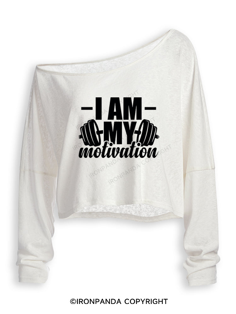 I AM MY MOTIVATION Off Shoulder Long Sleeve Crop Top