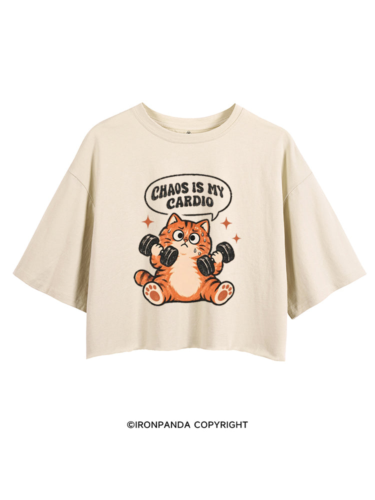 CHAOS IS MY CARDIO GYM KITTY CROP TOPS