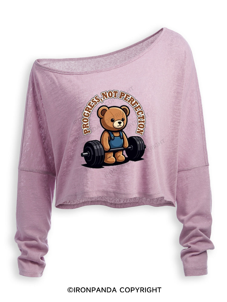 PROGRESS NOT PERFECTION CUTE BEAR DEADLIFT Off Shoulder Long Sleeve Crop Top