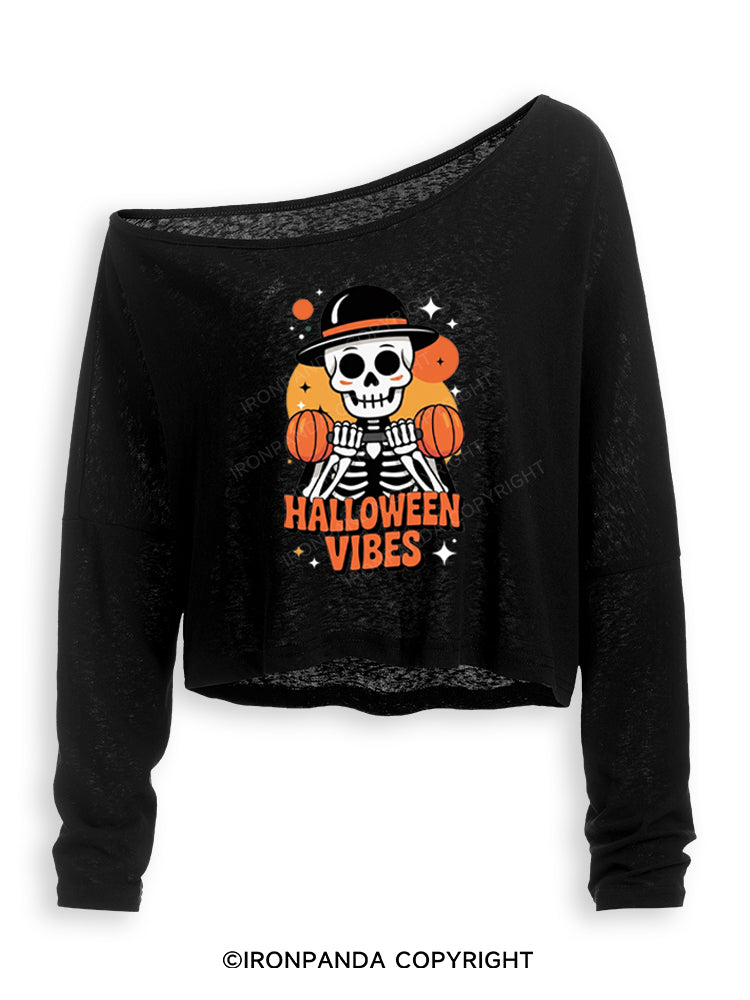 HALLOWEEN VIBES STRONG MIND Off Shoulder Long Sleeve Crop Top