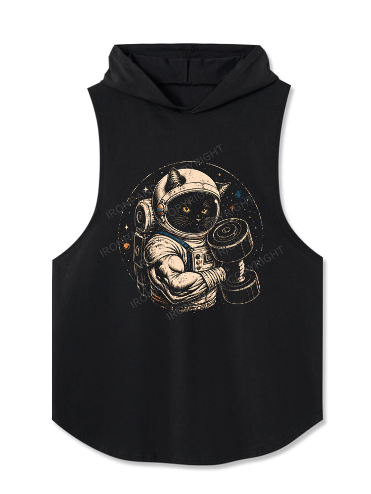 Black Cat Astronaut Lifting Weights Hooded Tank