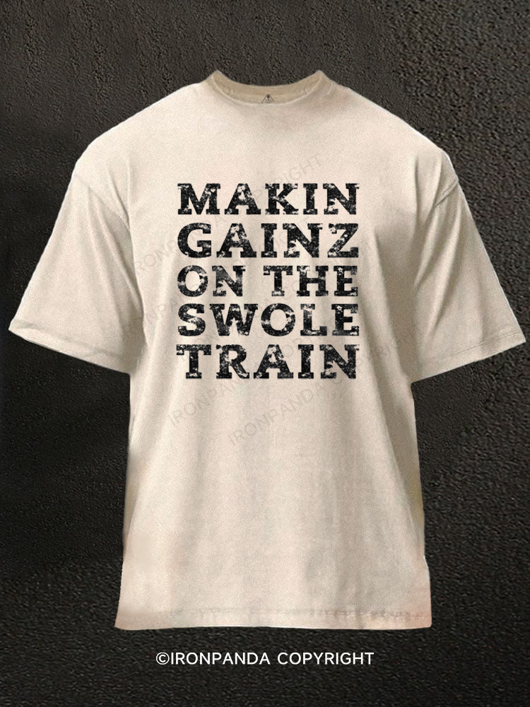 Makin Gainz on the Swole Train Washed Gym Shirt