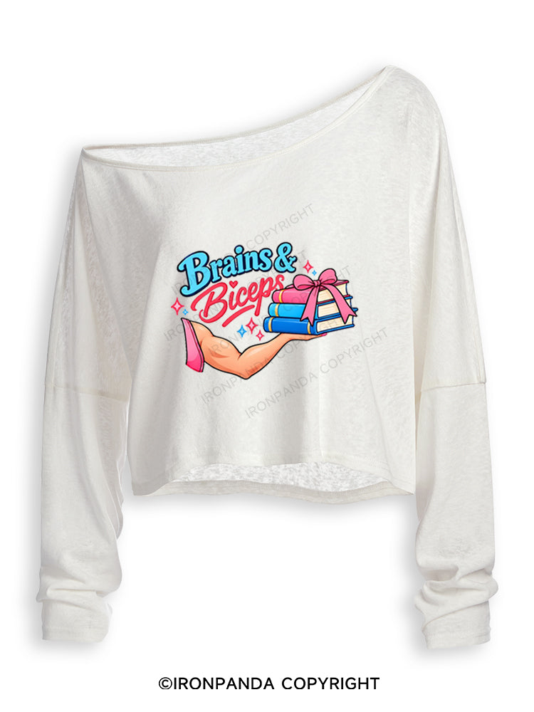 BRAINS & BICEPS Off Shoulder Long Sleeve Crop Top