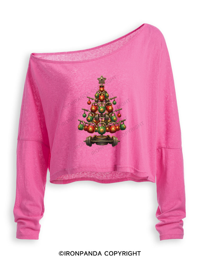 GYM LIFTMAS WORKOUT KETTLEBELL CHRISTMAS TREE Off Shoulder Long Sleeve Crop Top