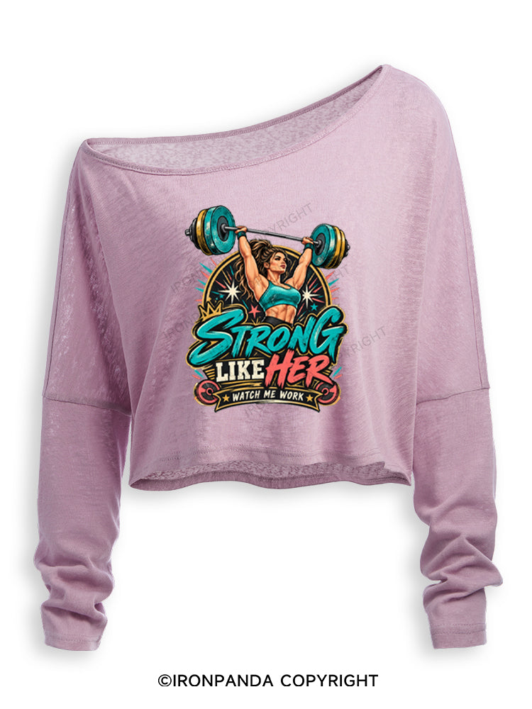 Strong Like Her Weightlifting Off Shoulder Long Sleeve Crop Top