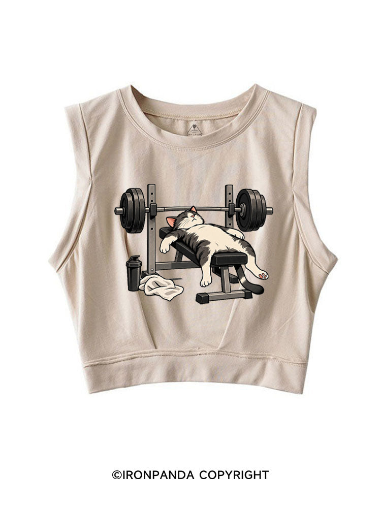 TIRED GYM CAT AFTER WORKOUT SLEEVELESS CROP TOPS
