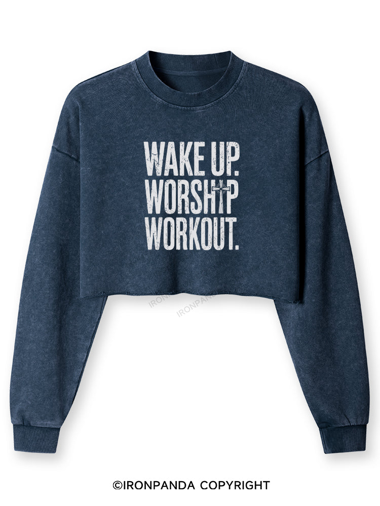 WAKE UP WORSHIP WORKOUT JESUS Washed Long-Sleeve Crop Top