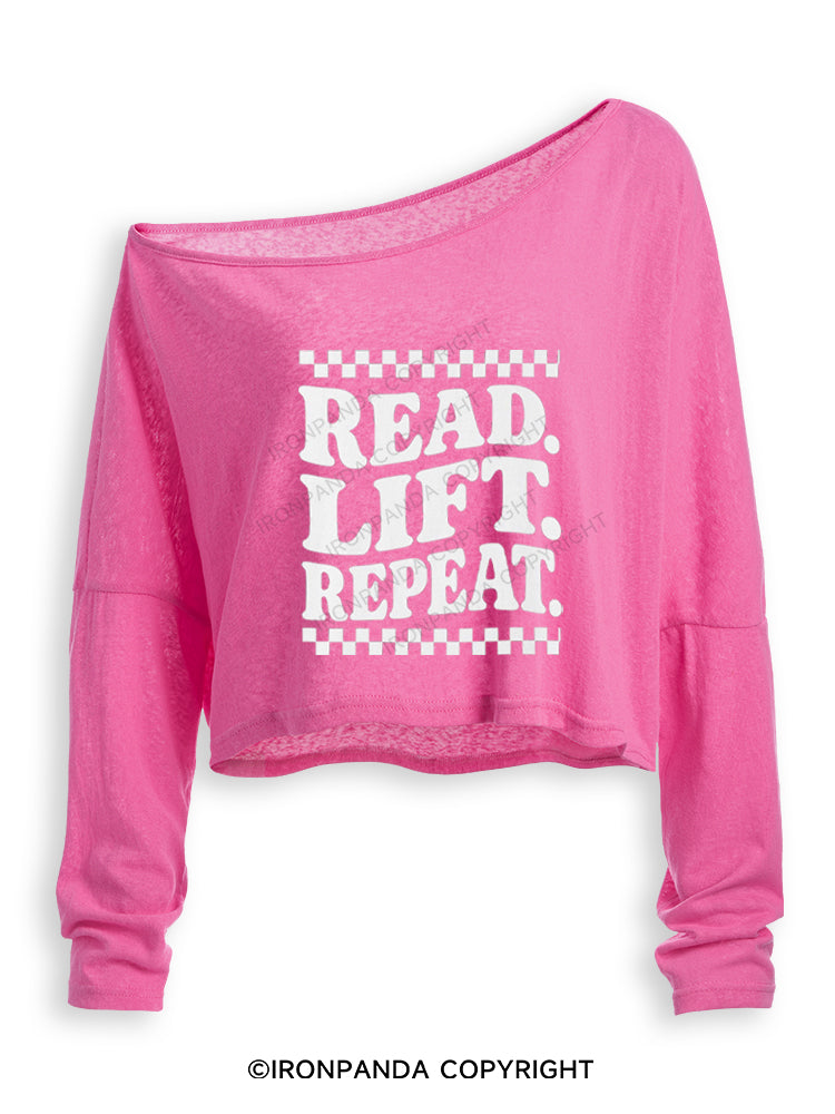 READ LIFT REPEAT BOOKISH GYM Off Shoulder Long Sleeve Crop Top
