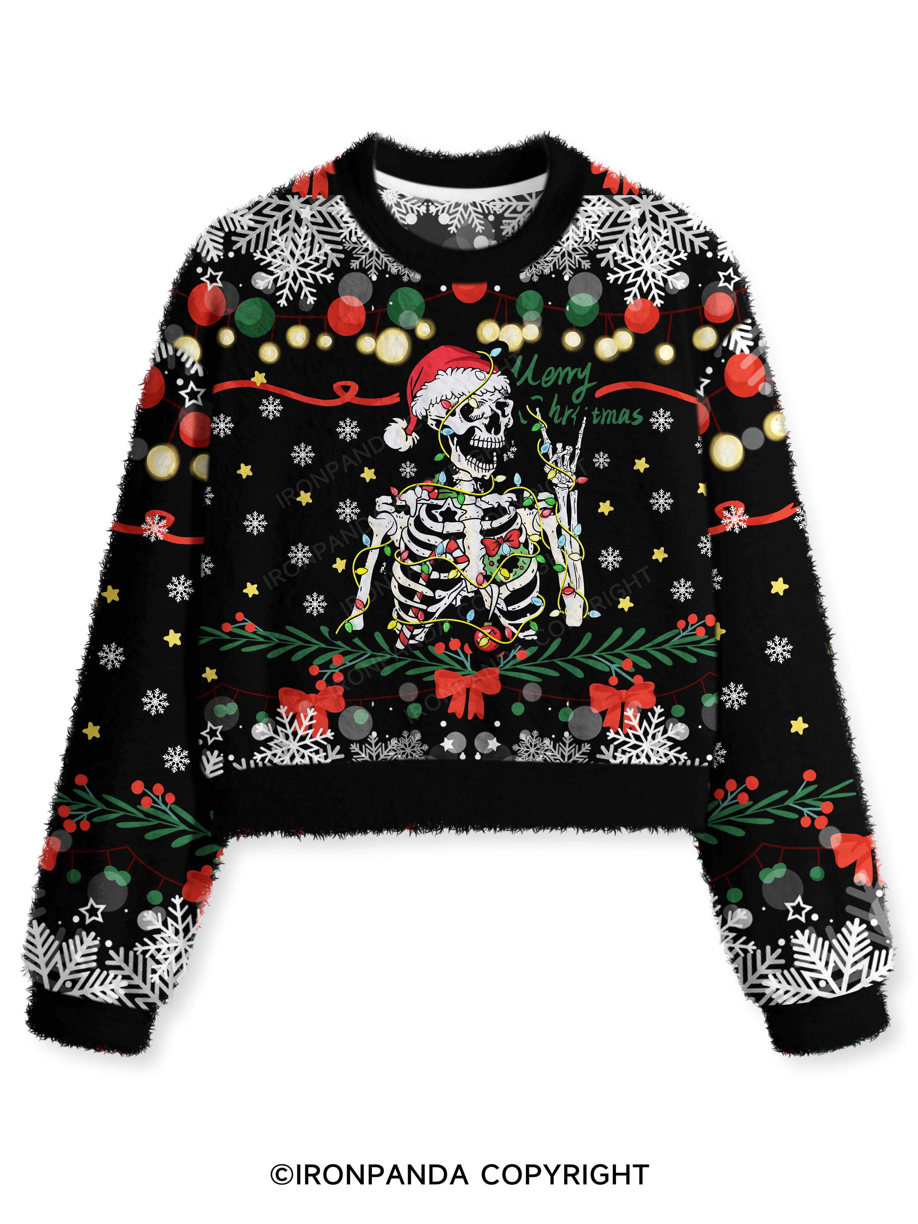 SKELETON WITH CHRISTMAS LIGHTS Fuzzy Fleece Crop Sweater