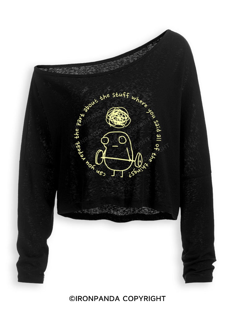 Can you repeat the part about the stuff where you said all of the things Off Shoulder Long Sleeve Crop Top