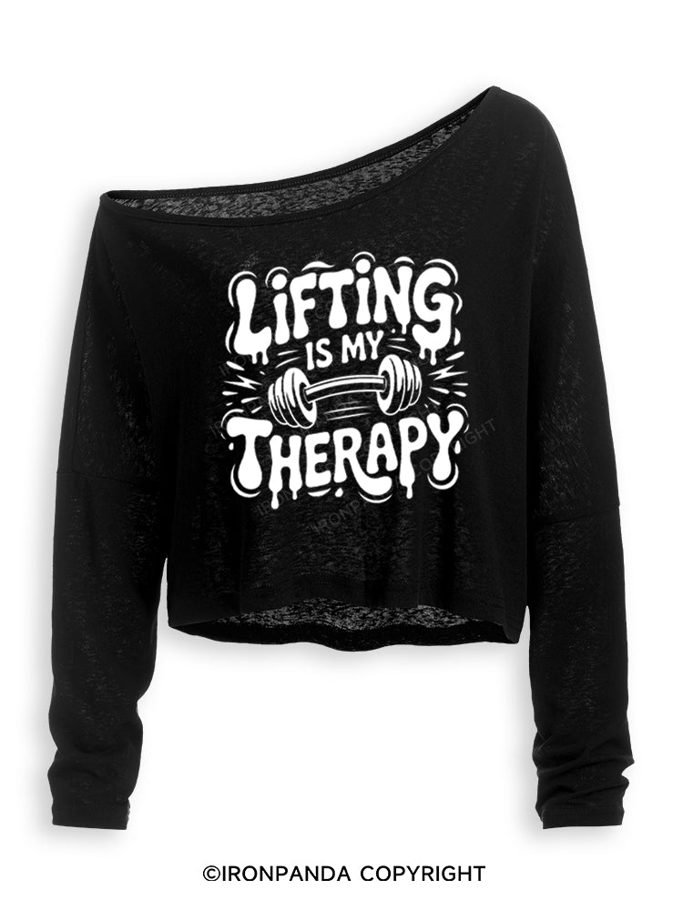 LIFTING IS MY THERAPY POSITIVE GYM VIBE Off Shoulder Long Sleeve Crop Top