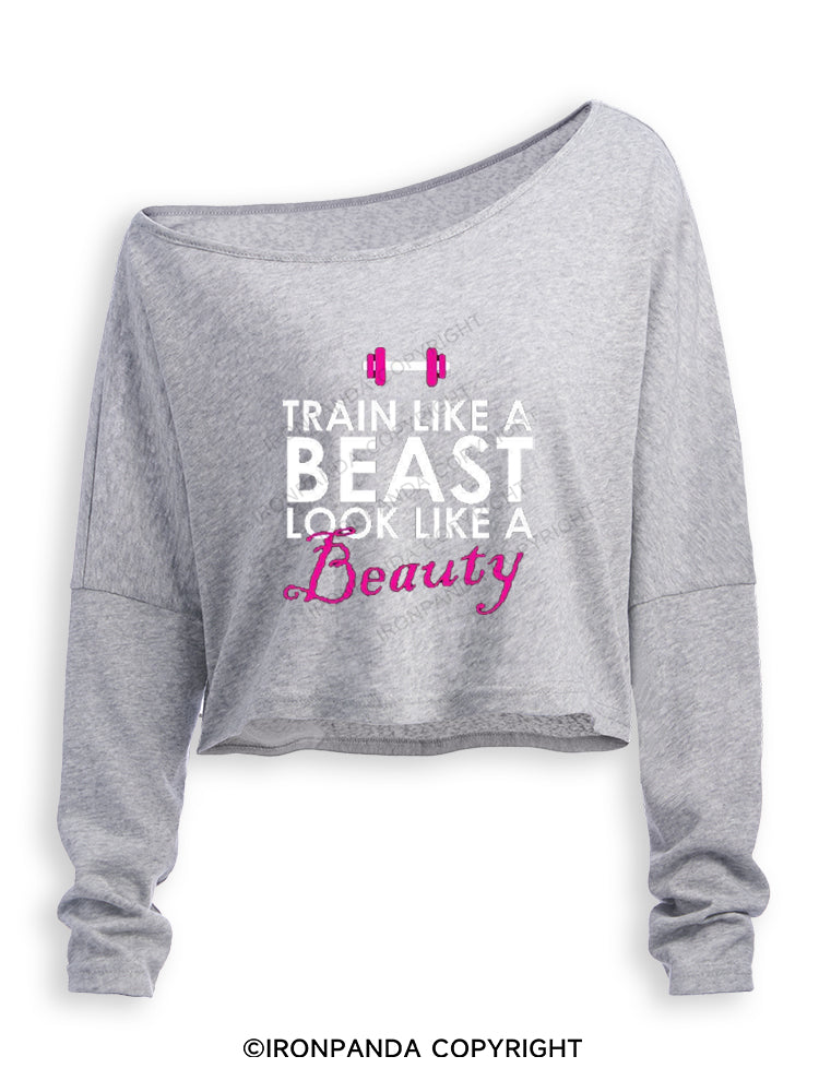 TRAIN LIKE A BEAST LOOK LIKE A BEAUTY Off Shoulder Long Sleeve Crop Top