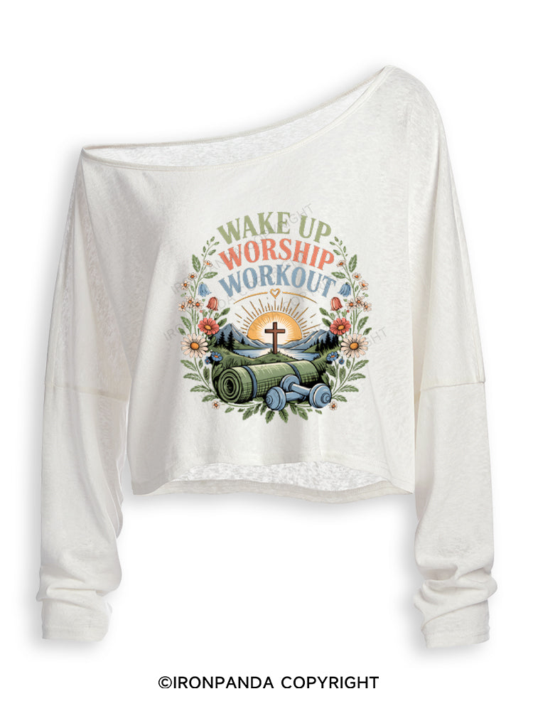 Wake Up Worship Workout Worship Off Shoulder Long Sleeve Crop Top