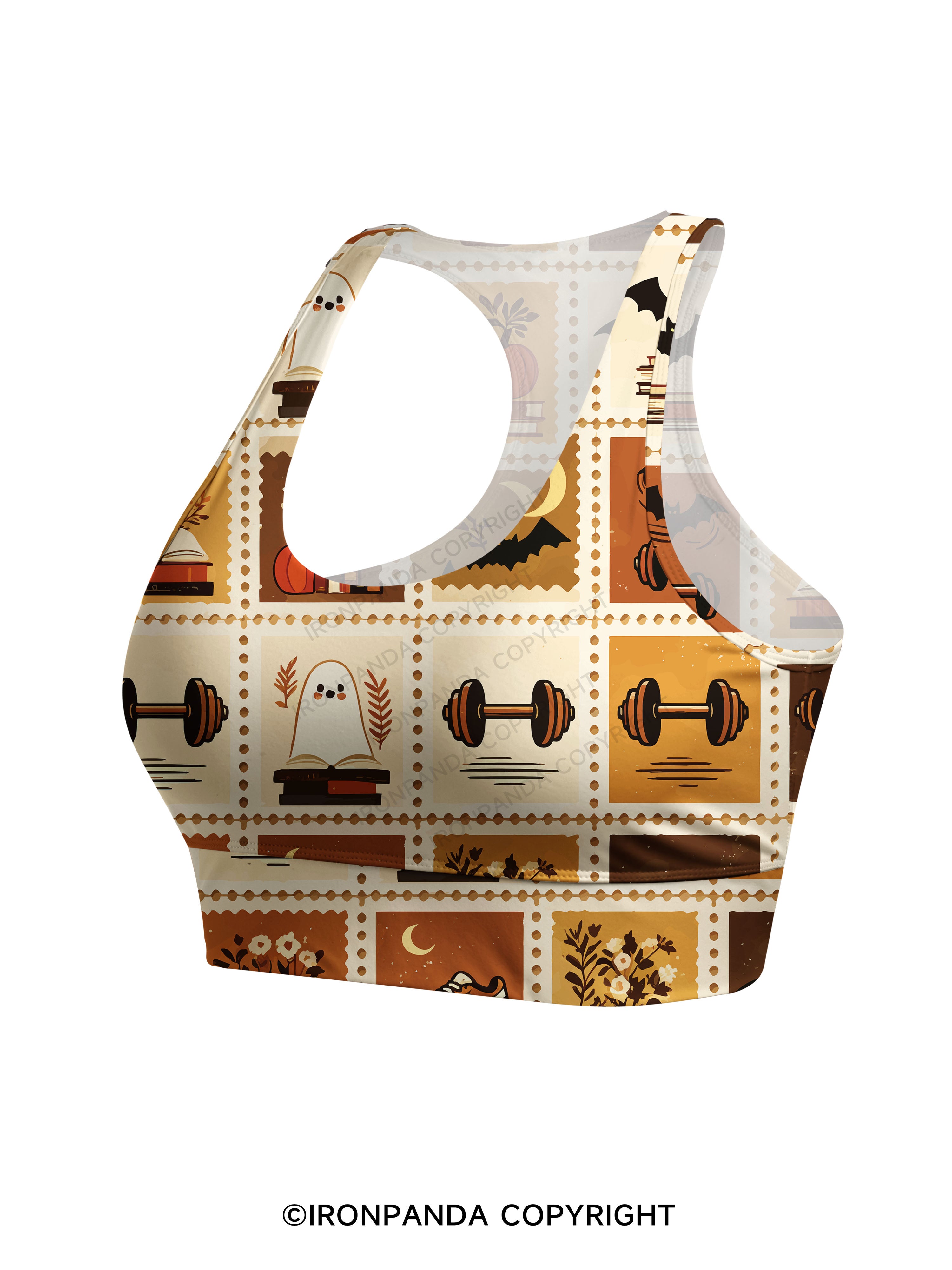 Halloween Fall Fitness Grid Print Racerback Sports Bra