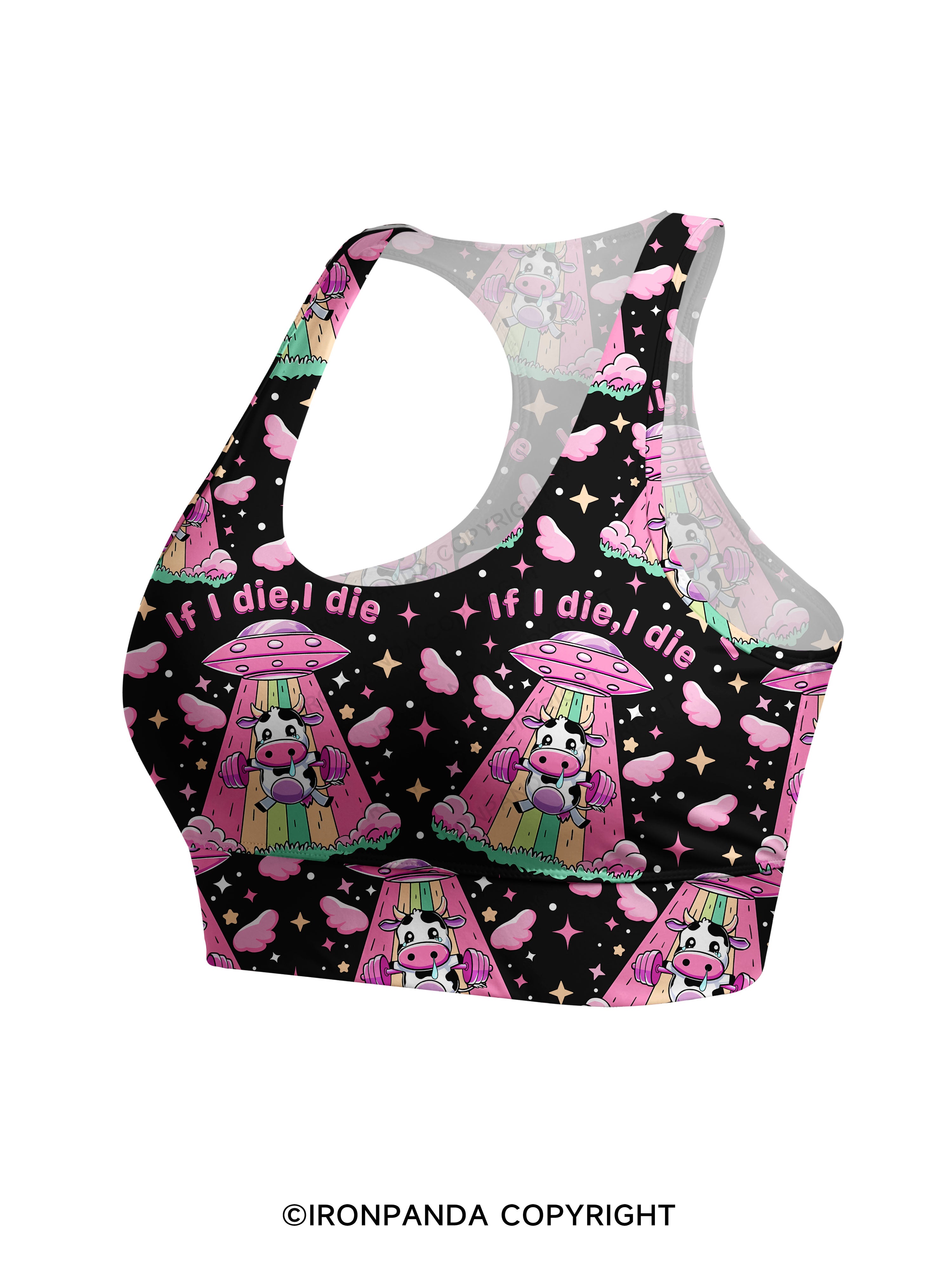 IF I DIE I DIE COW Racerback Sports Bra
