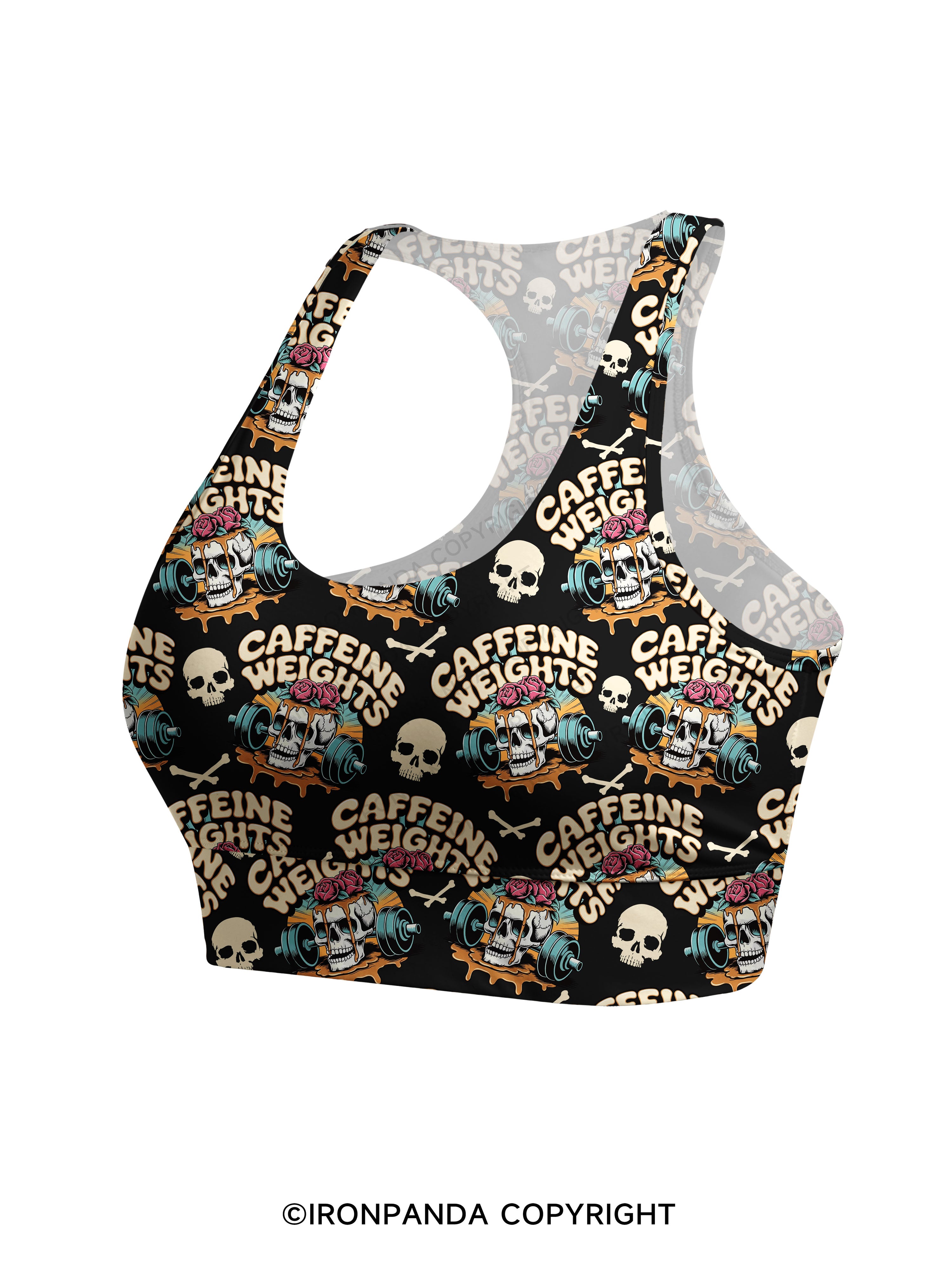 Caffeine weights skeleton Racerback Sports Bra