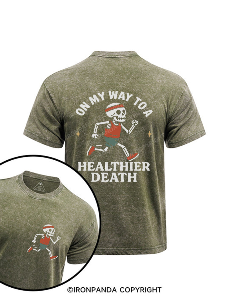 On My Way to a Healthier Death Skeleton Running Printed Washed Gym Shirt