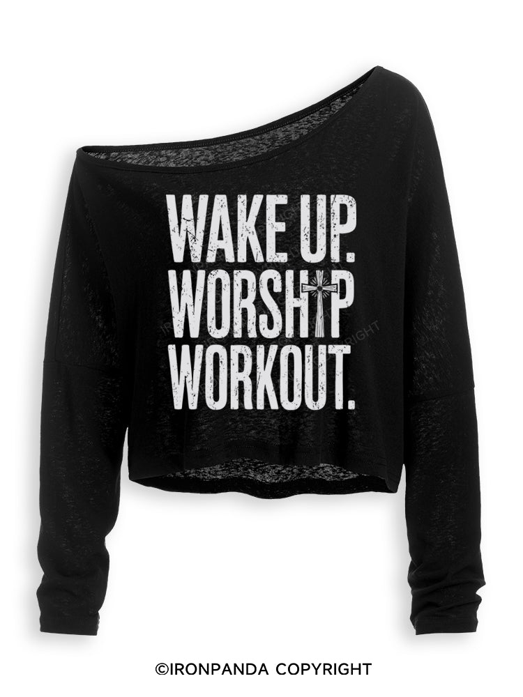 WAKE UP WORSHIP WORKOUT JESUS Off Shoulder Long Sleeve Crop Top