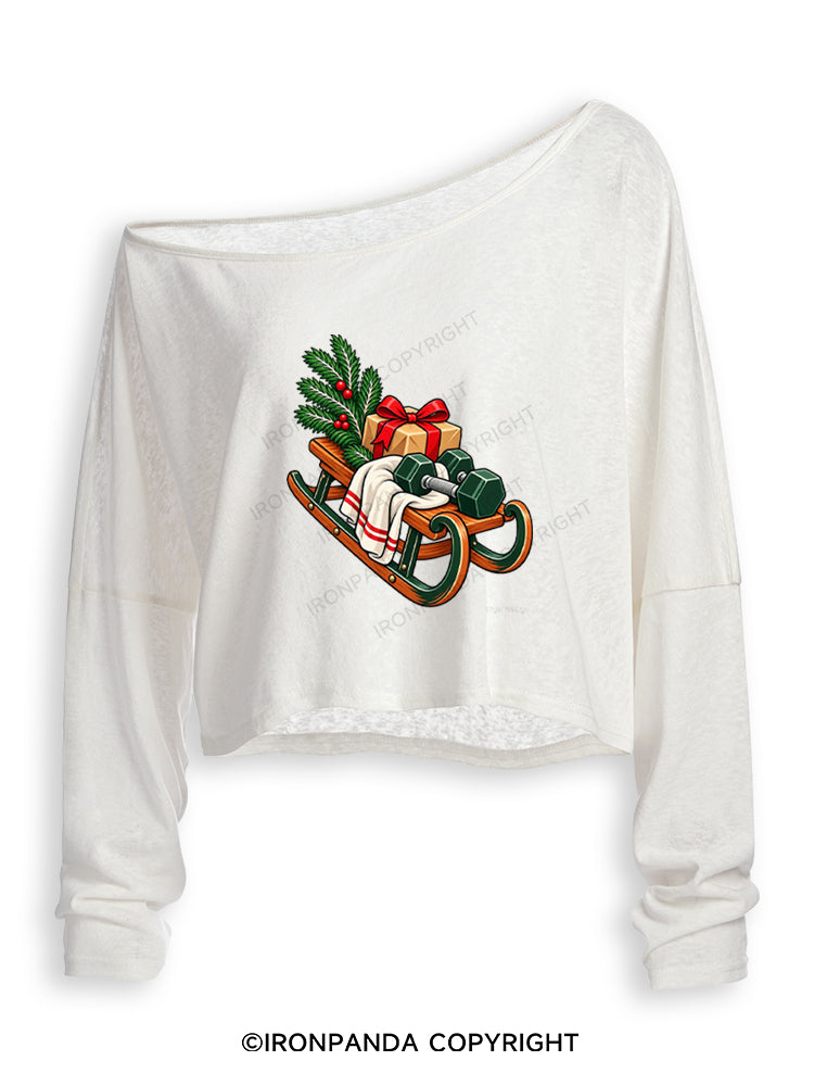 CHRISTMAS DUMBBELLS AND FESTIVE SLEIGH Off Shoulder Long Sleeve Crop Top