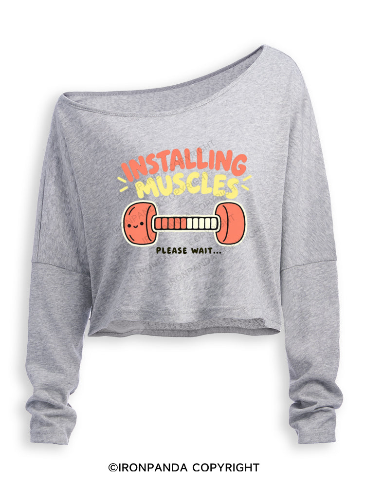 Installing Muscles Please Wait Smiling Dumbbell Off Shoulder Long Sleeve Crop Top