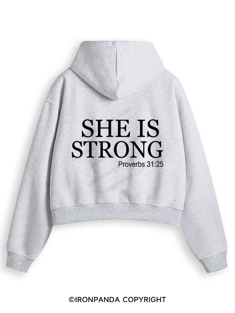 SHE IS STRONG Fleece Crop Zip Up Hoodie