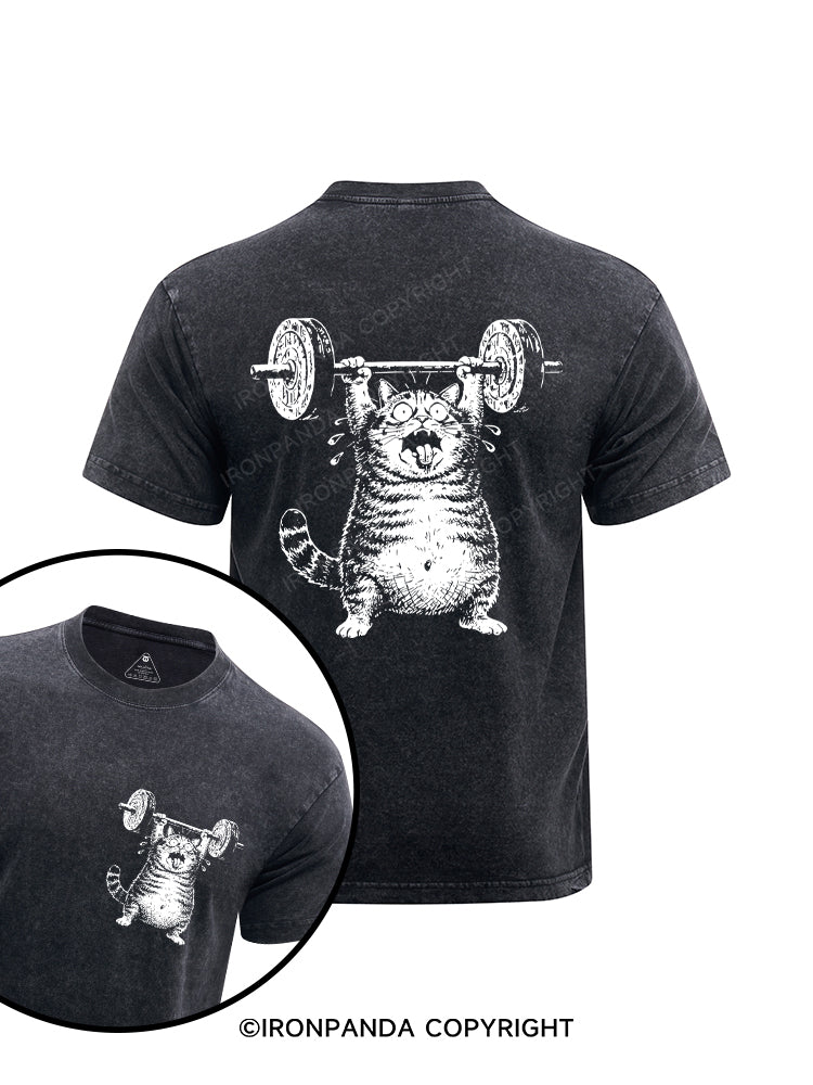 Funny Fat Cat Deadlift Printed Washed Gym Shirt