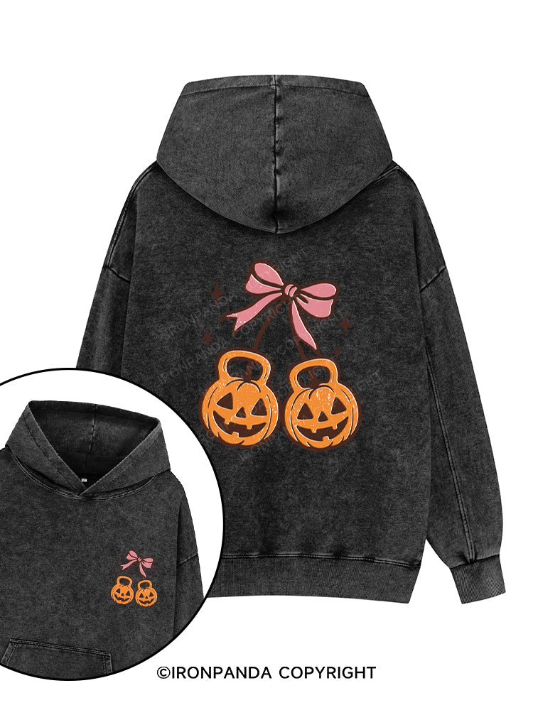 CHERRY PUMPKIN KETTLEBELL HALLOWEEN Printed Washed Gym Hoodie