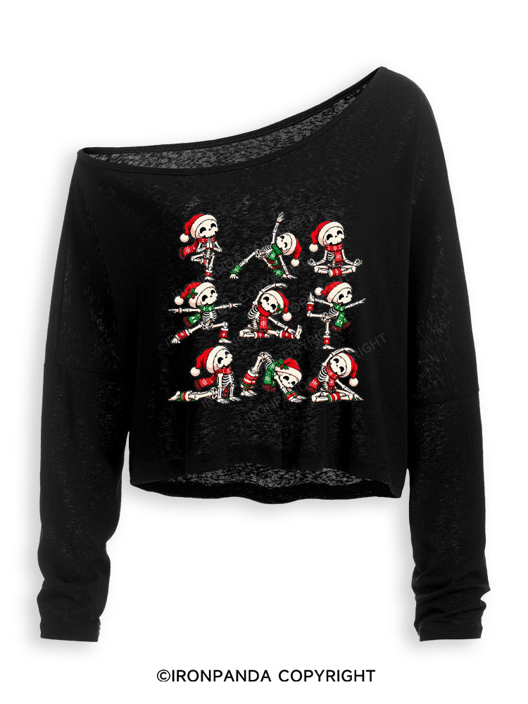 Yoga Skeleton Santa Hat Yogi Off Shoulder Long Sleeve Crop Top