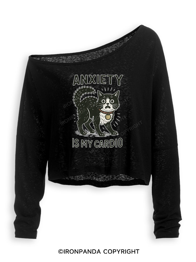 ANXIETY IS MY CARDIO CUTE KITTY Off Shoulder Long Sleeve Crop Top