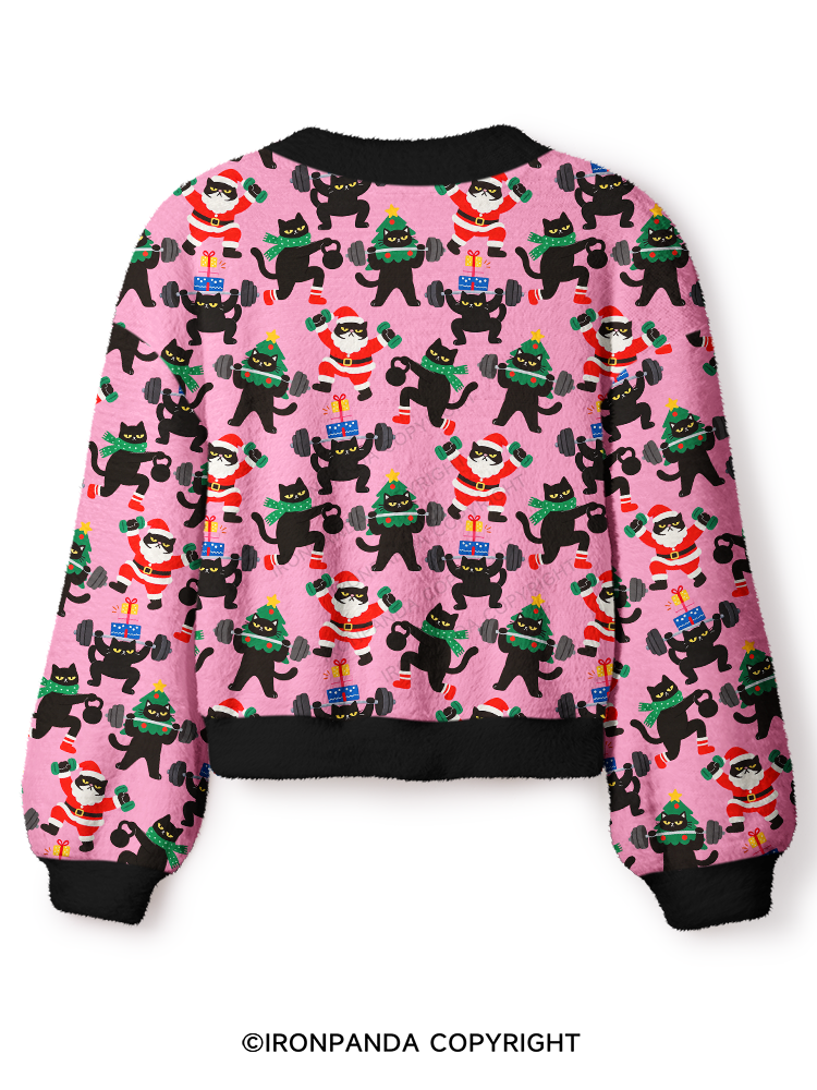 WEIGHTLIFTING BLACK CAT CHRISTMAS WORKOUT Crop Ugly Cardigan Sweater