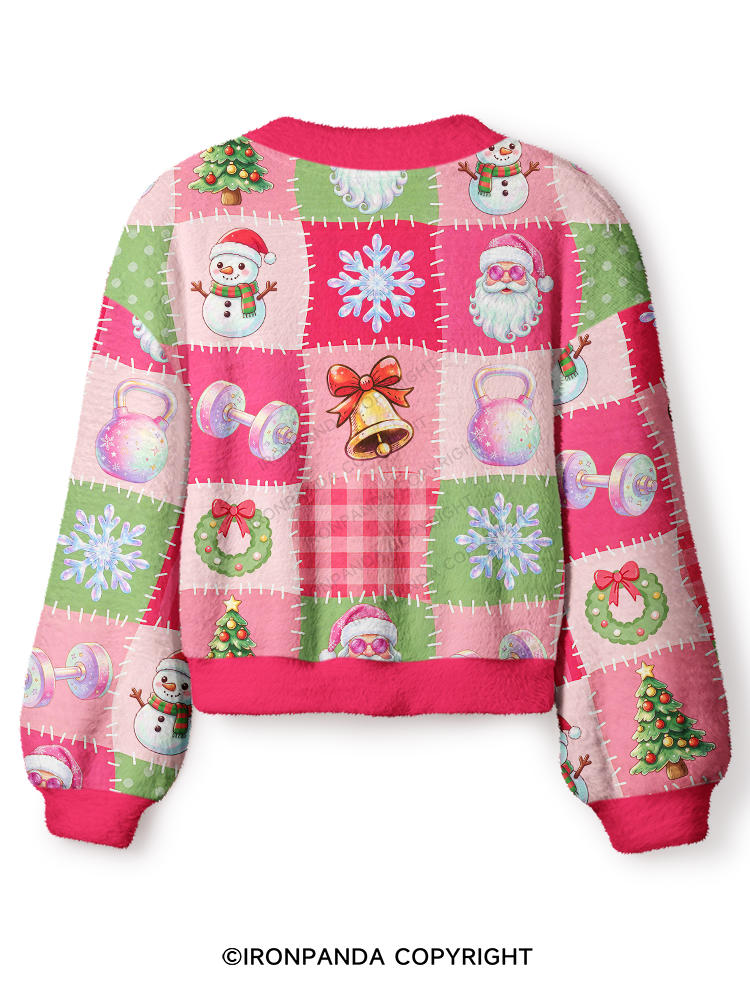 CHRISTMAS GYM PATCHWORK SEAMLESS PATTERN Crop Ugly Cardigan Sweater