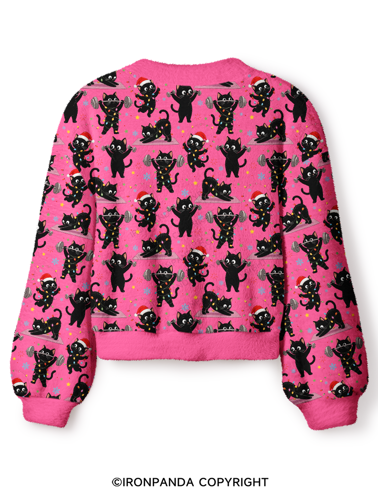 Christmas Fitness Black Cat Crop Ugly Cardigan Sweater