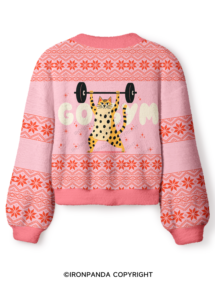 Funny Gym Cat Crop Ugly Cardigan Sweater