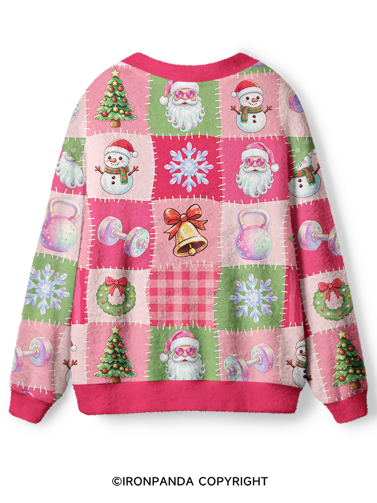 CHRISTMAS GYM PATCHWORK SEAMLESS PATTERN Ugly Cardigan Sweater