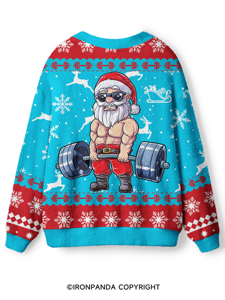 Santa Weightlifting Christmas Ugly Cardigan Sweater