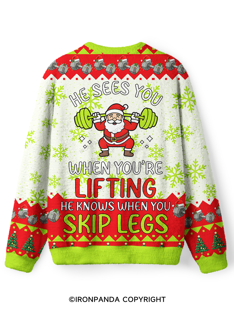 Santa Lifting Weights Skip Legs  Ugly Fuzzy Fleece Sweater