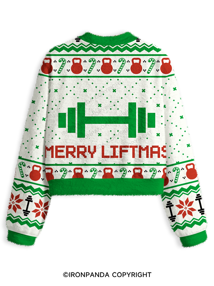 MERRY LIFTMAS FUNNY WORKOUT Fuzzy Fleece Crop Sweater