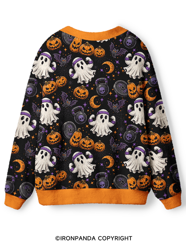 Spooky Fitness Kettlebell Pumpkin Workout Ugly Cardigan Sweater
