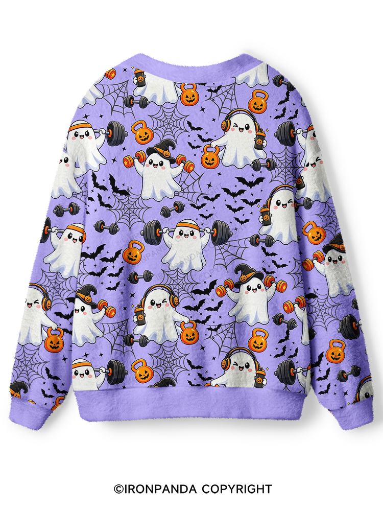 GHOST GYM OF PUMPKINS AND BARBELLS Ugly Cardigan Sweater