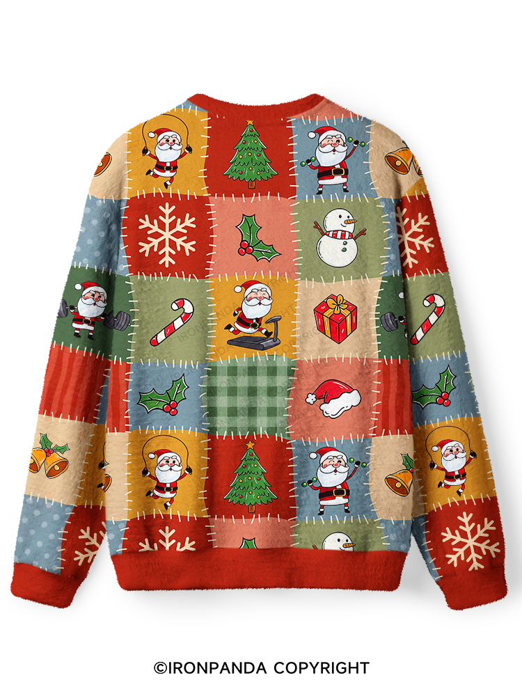 FITNESS SANTA PATCHWORK CHRISTMAS Ugly Fuzzy Fleece Sweater