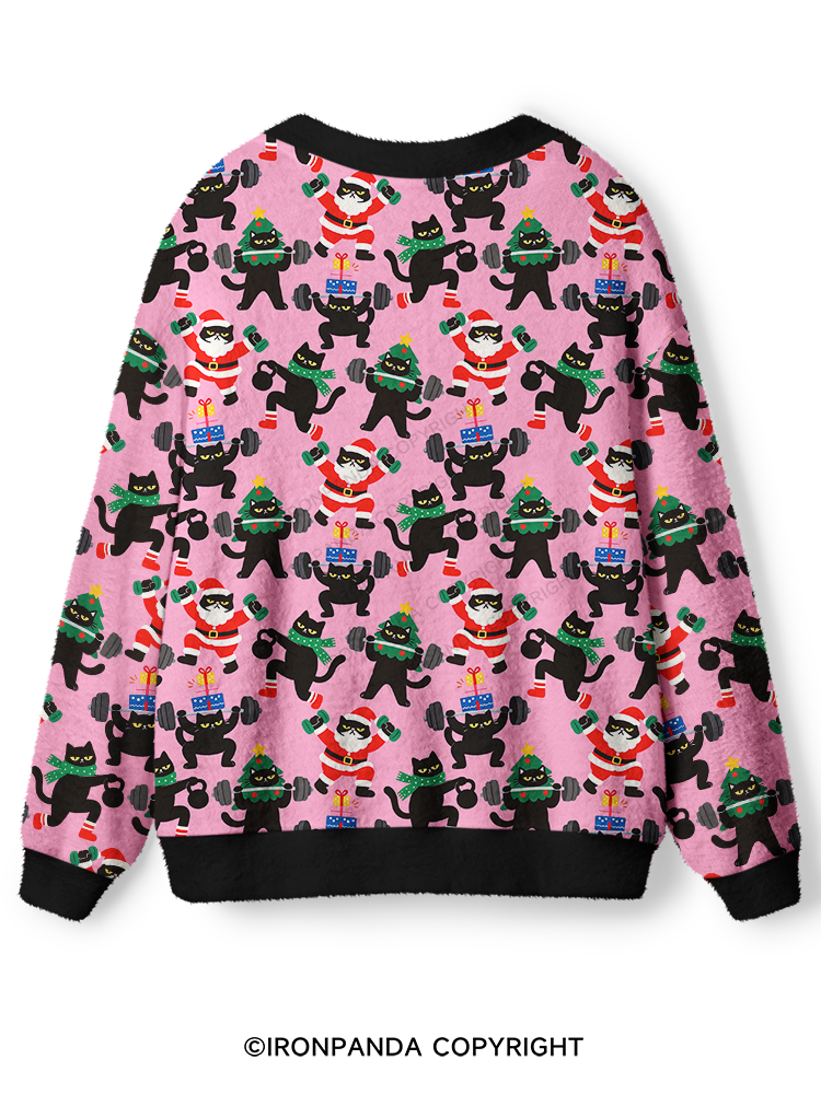WEIGHTLIFTING BLACK CAT CHRISTMAS WORKOUT Ugly Cardigan Sweater
